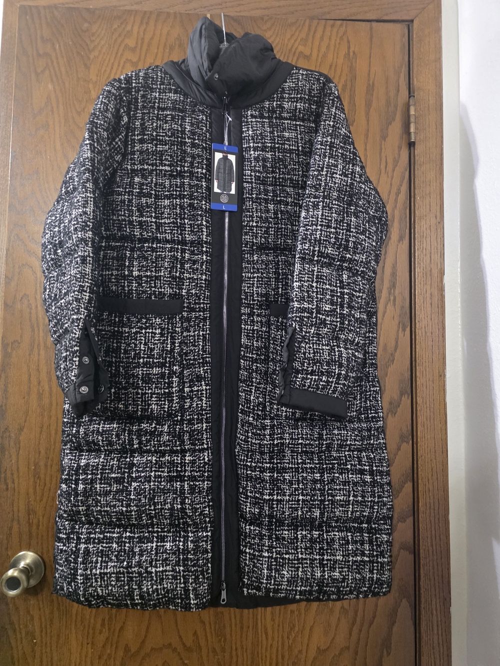 Bernardo Black & White Tweed Long Puffer Coat - Women's Large
